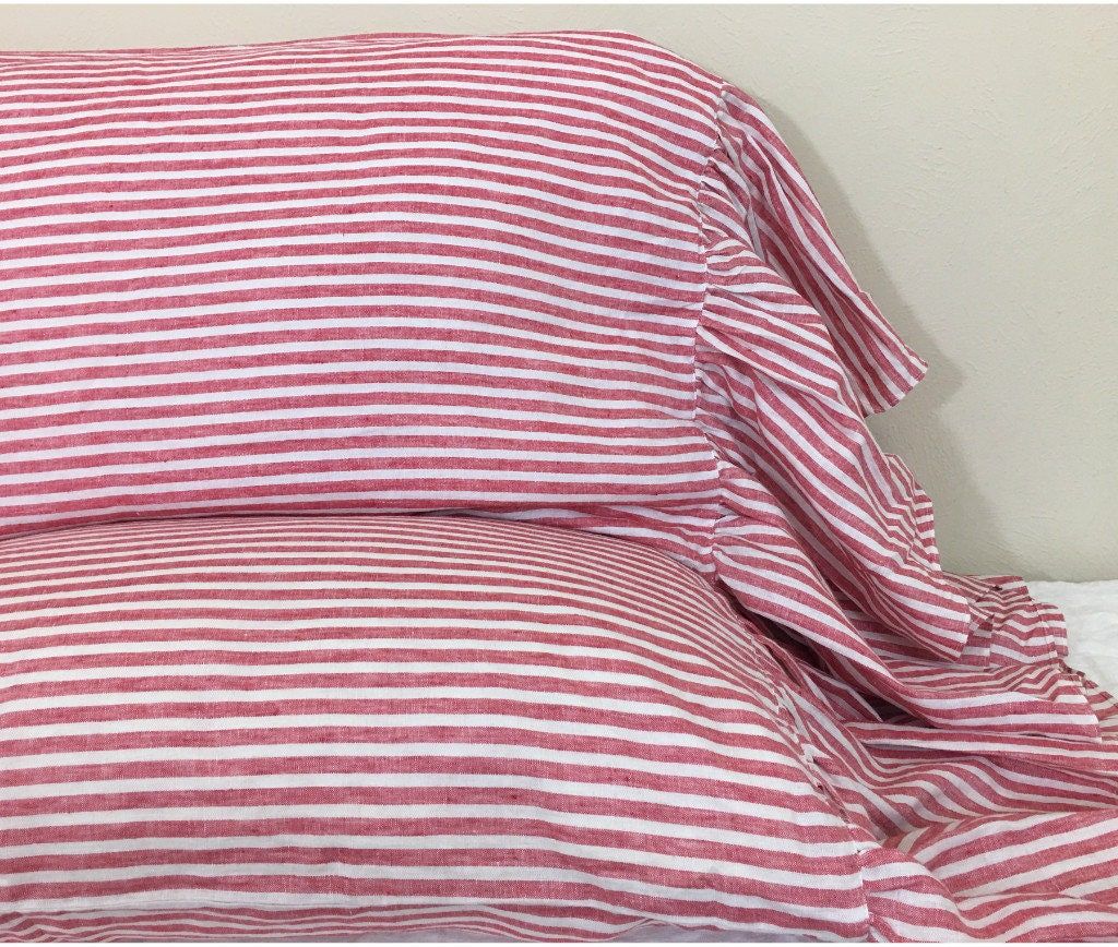 A Pair Of Red And White Striped Pillow Cases With Mermaid Long - Etsy Uk throughout