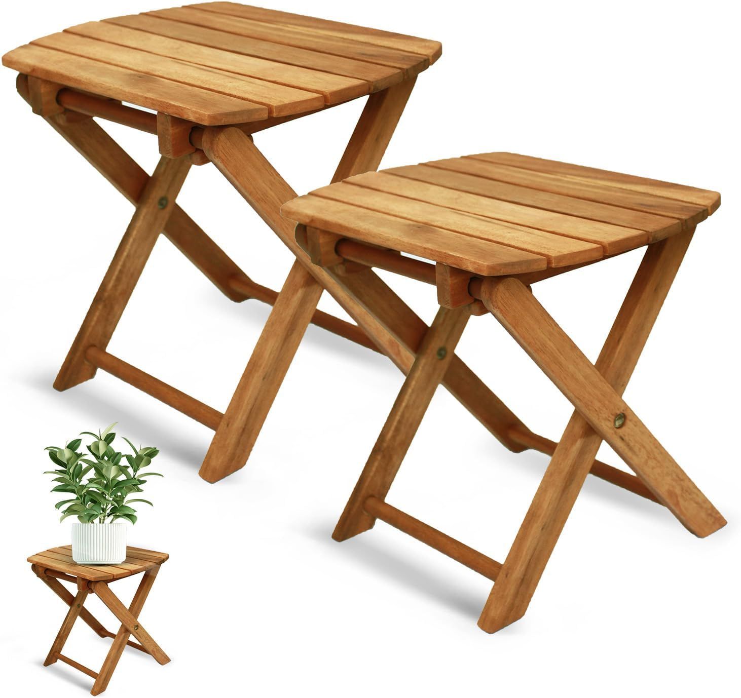 Amazon.com: Timberholm Pack Of 2 Small Folding Table, Portable Acacia ... pertaining to Aesthetic &amp;amp; Practicality Discover the White Portable Solid Wood Folding Side Table Set