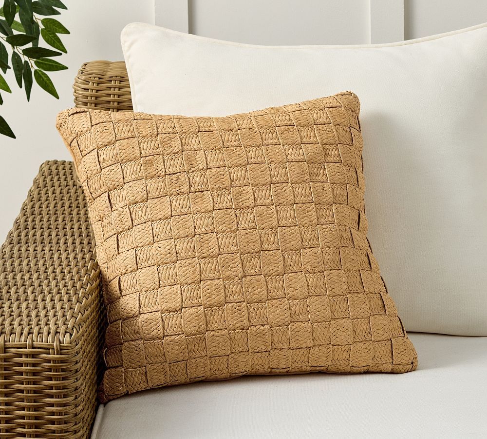 Basketweave Faux Natural Fiber Outdoor Pillow | Pottery Barn throughout