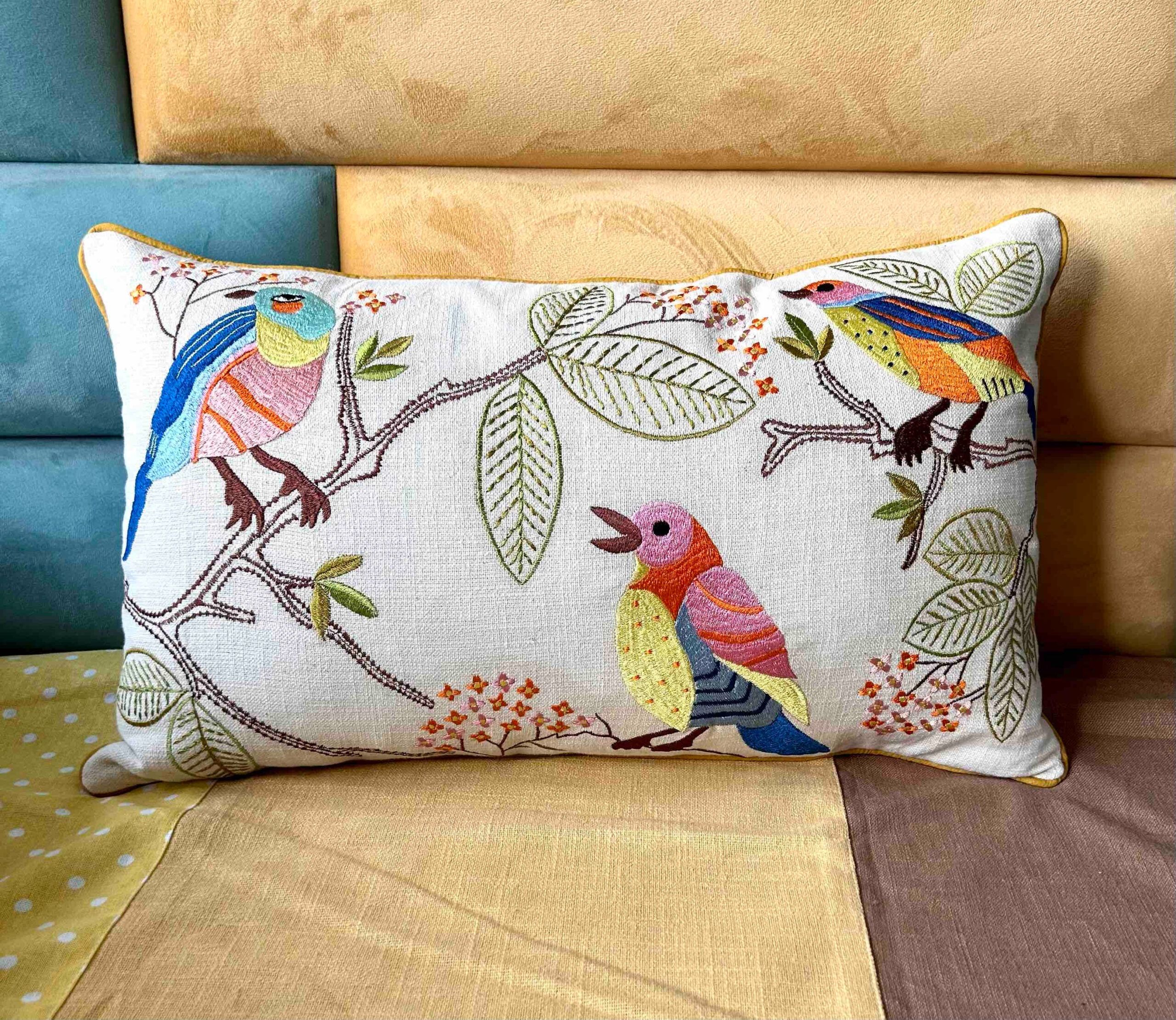 Bird Sitting On Branch Embroidery Pillow, Decorative Pillow, Throw ... with