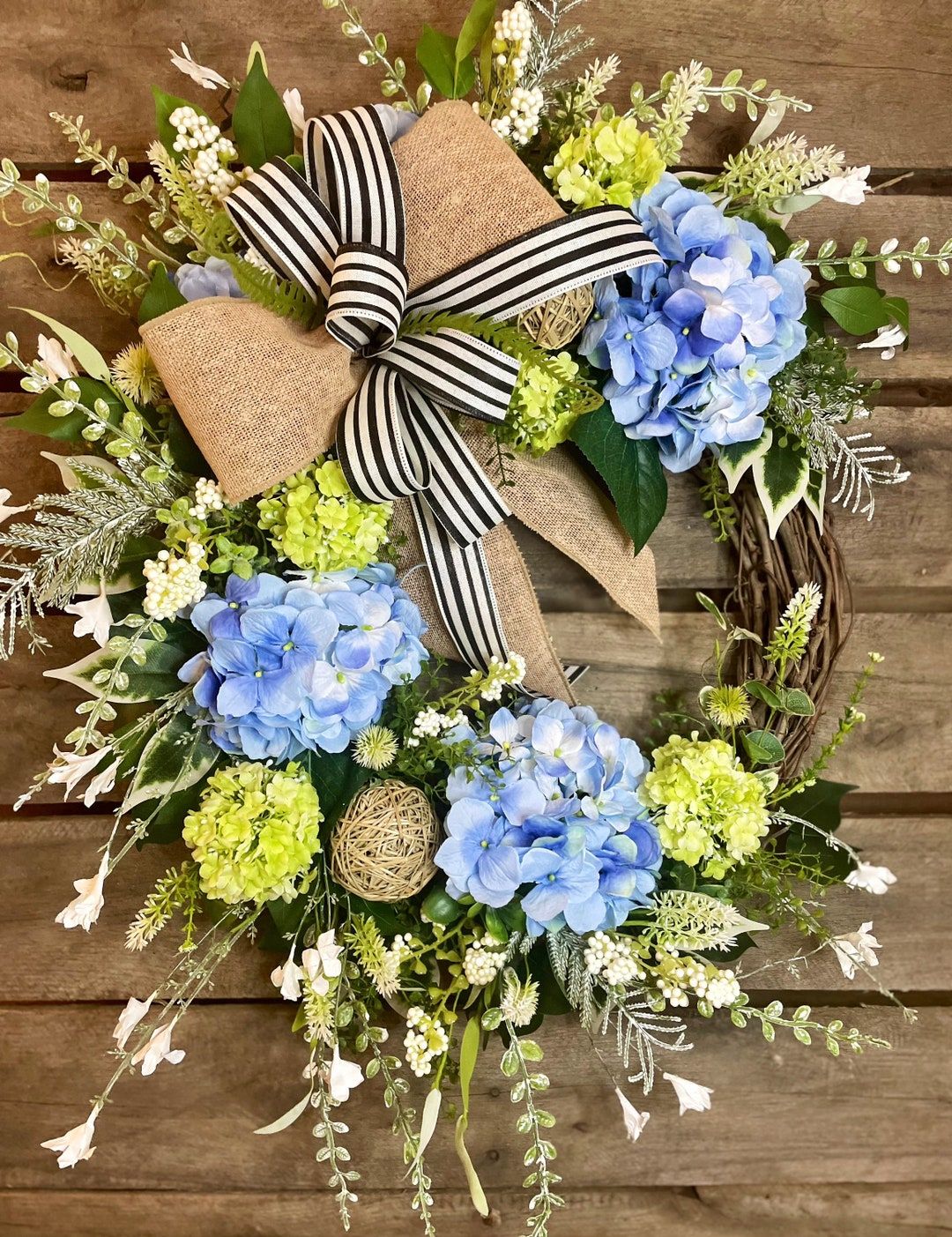Blue Hydrangea Wreath For Front Door Floral Grapevine Wreath - Etsy inside A Closer Look at the 20-Inch Purple and Blue Hydrangea Wreath