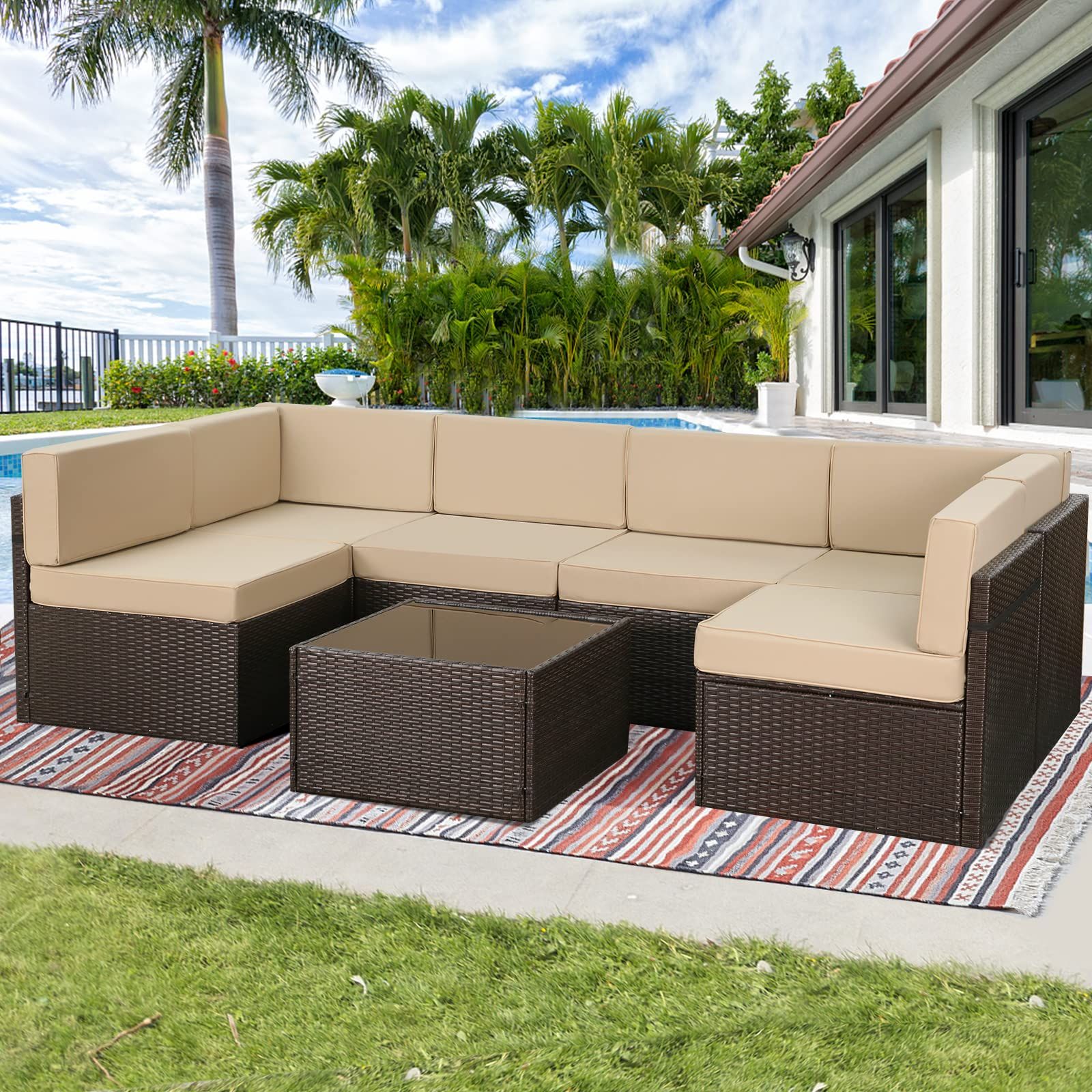 Buy U-Max 7 Piece Outdoor Patio Furniture Set, Pe Rattan Wicker Sofa ... throughout Finding Your Perfect Patio Piece Considering the Leroy Outdoor Sofa 96" Washed Brown
