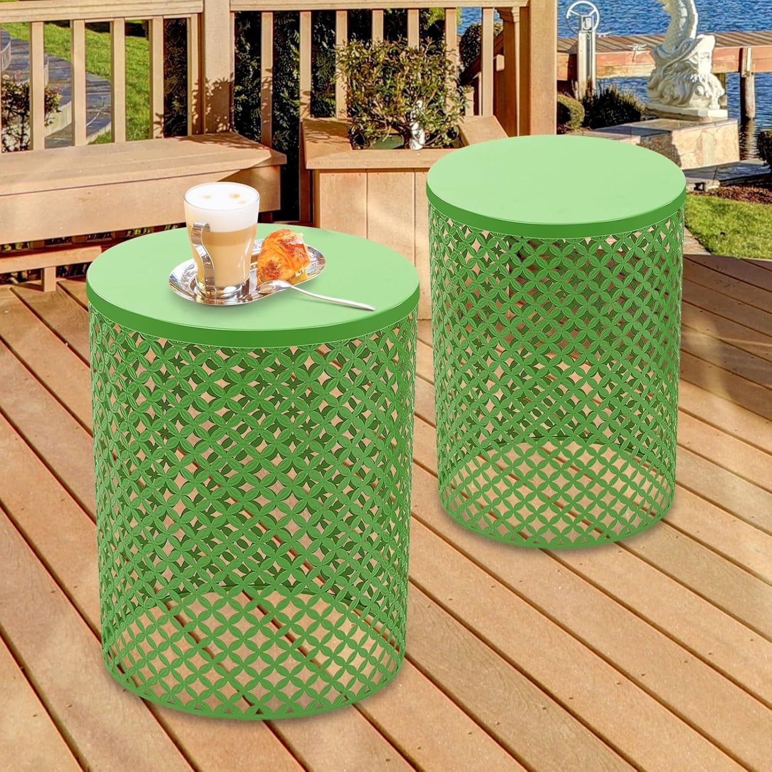 Cylindrical Outdoor Side Tables Set Of 2, Metal Frame Accent Table End ... with