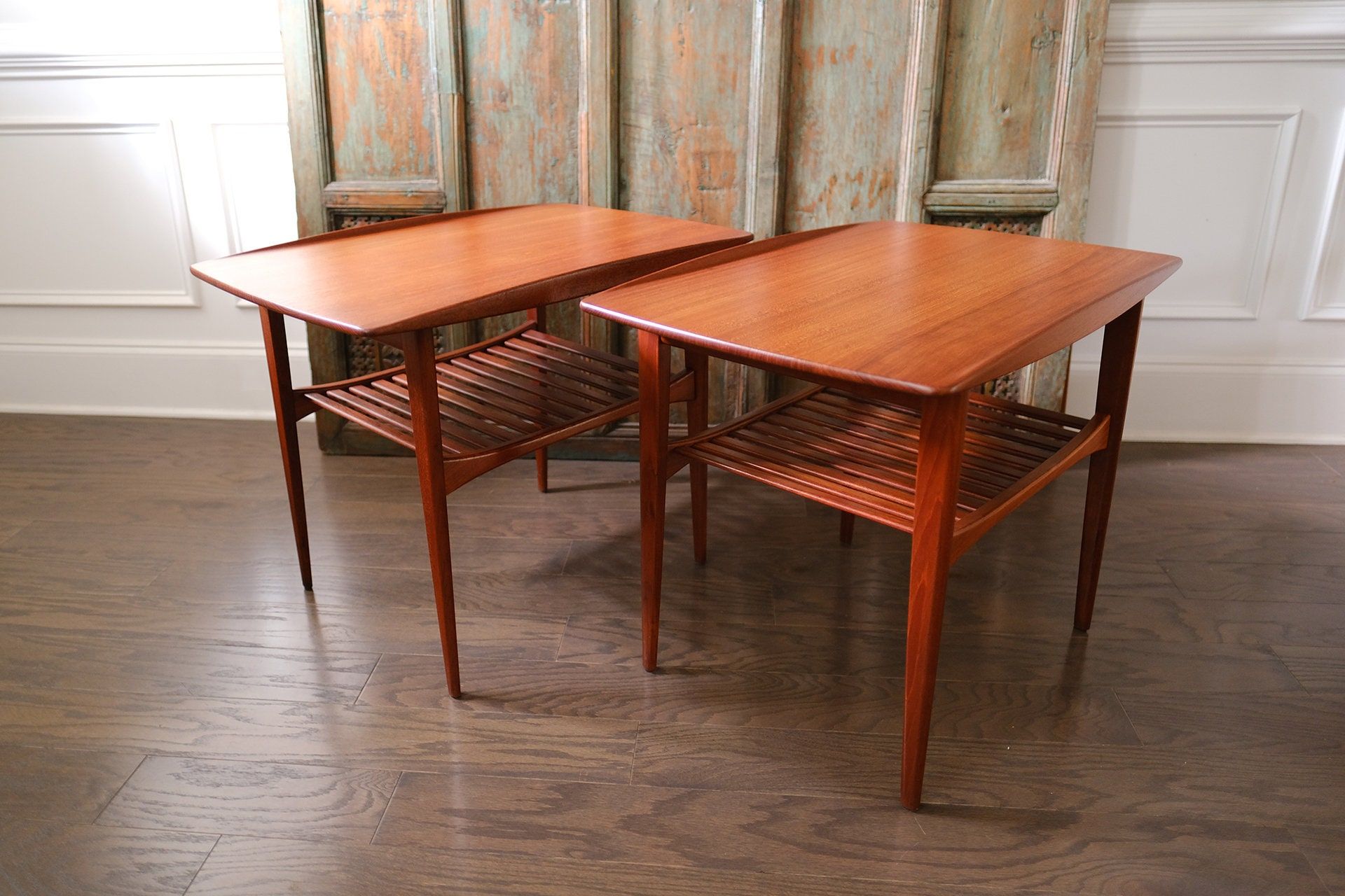 Danish Modern Pair Of Teak End Tables With Slatted Shelf France ... within The Practical Beauty of Teak End Tables with Shelves from Seven Seas