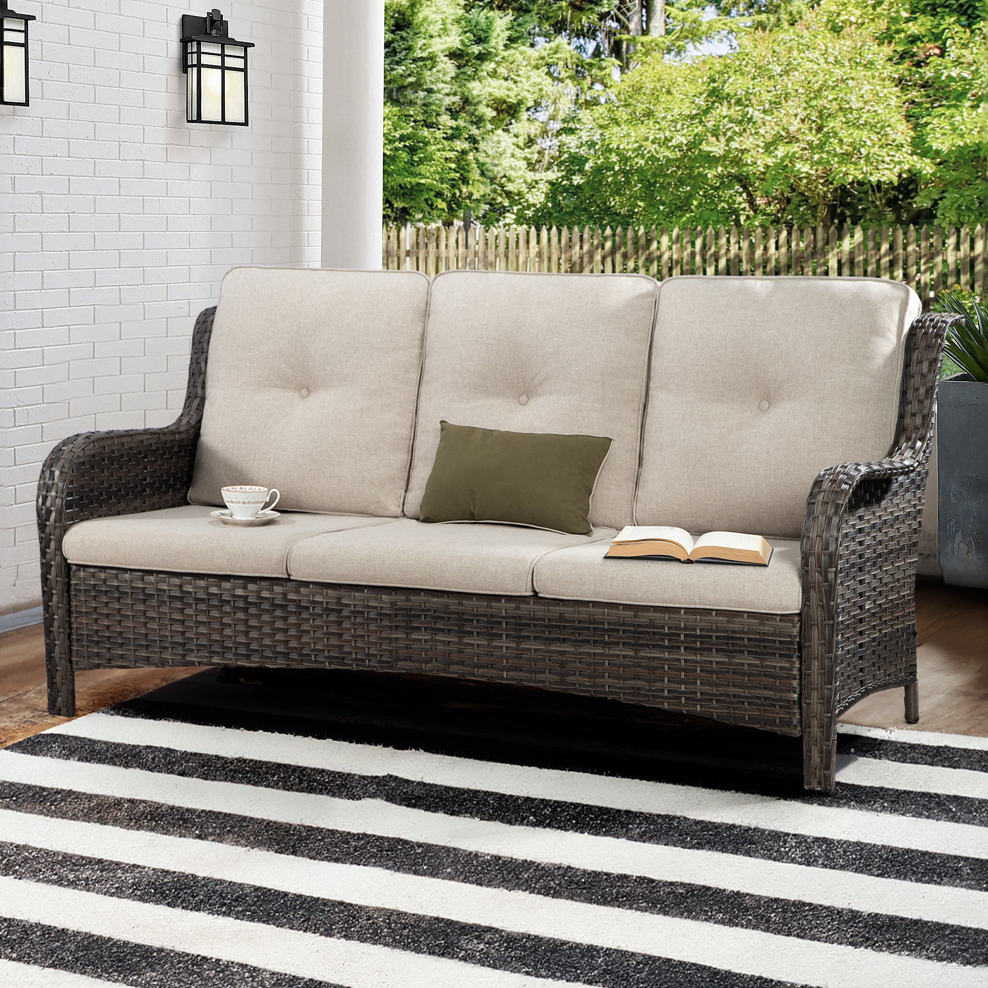 Ebern Designs Gyung 73'' Wide Outdoor Wicker Reversible Patio Sofa With ... throughout Mastering the Art of Outdoor Living with an 85" Wide Wicker Sofa