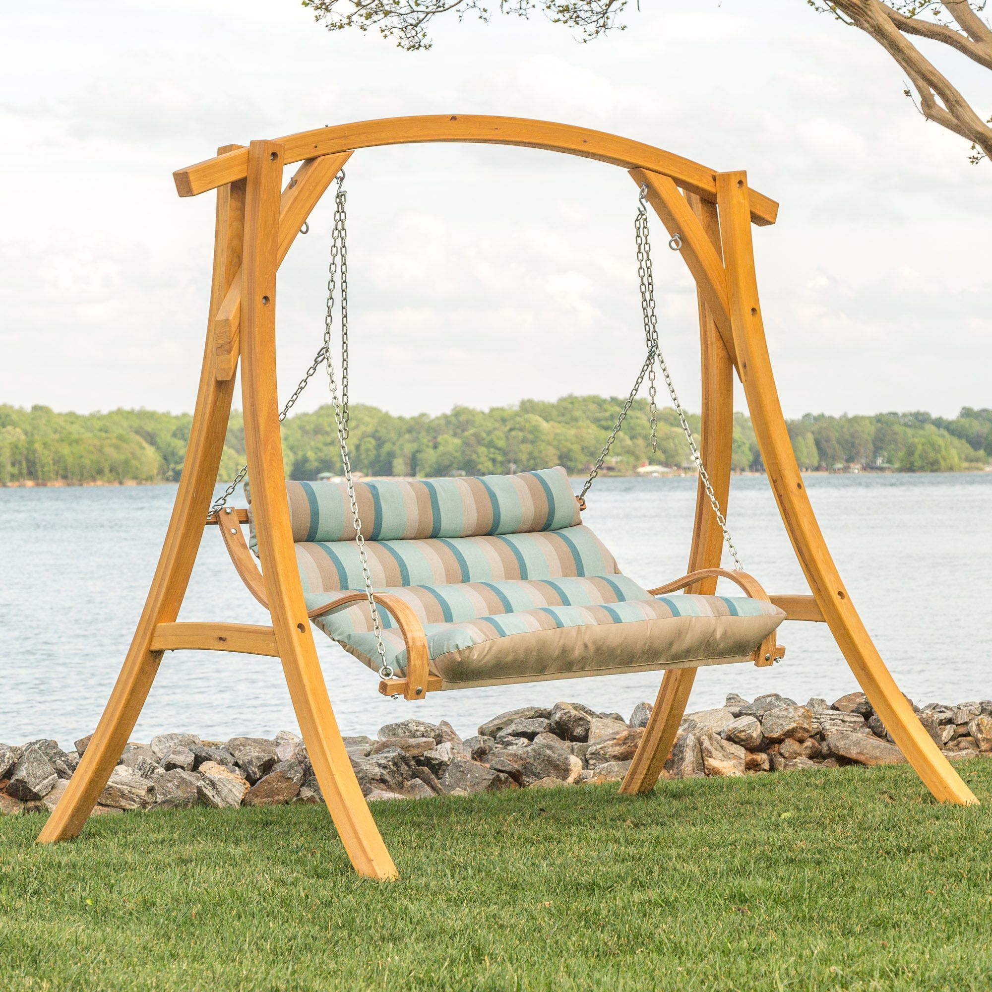 Gateway Mist Deluxe Cushioned Double Porch Swing within Styling Your Patio with the Sunbrella Gateway Mist Collection