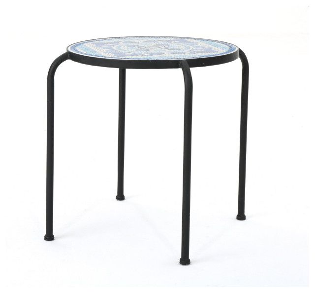 Gdf Studio Sindarin Outdoor Blue And White Ceramic Tile Iron Frame Side ... inside Blue Hues and Iron Strength Discover the GDF Studio Lilly Side Table