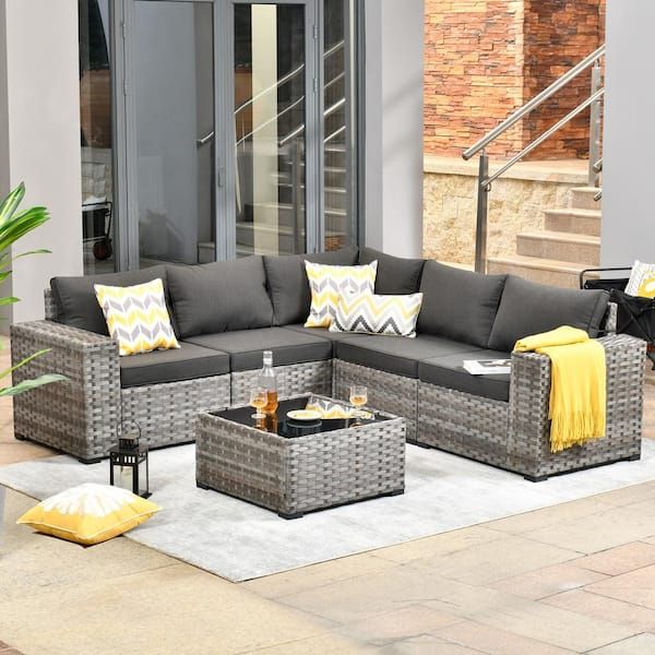 Hooowooo Tahoe Gray 6-Piece Wicker Extra-Wide Arm Outdoor Patio ... with