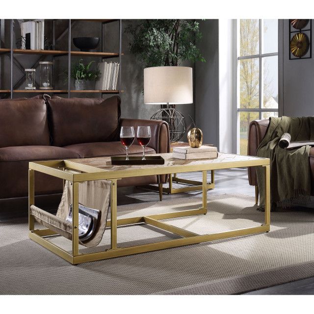 Retro Brown Rectangular Coffee Table With Brass Frame And Leather Top ... within The Enduring Appeal of Brown Rectangular Coffee Tables in Living Room Design