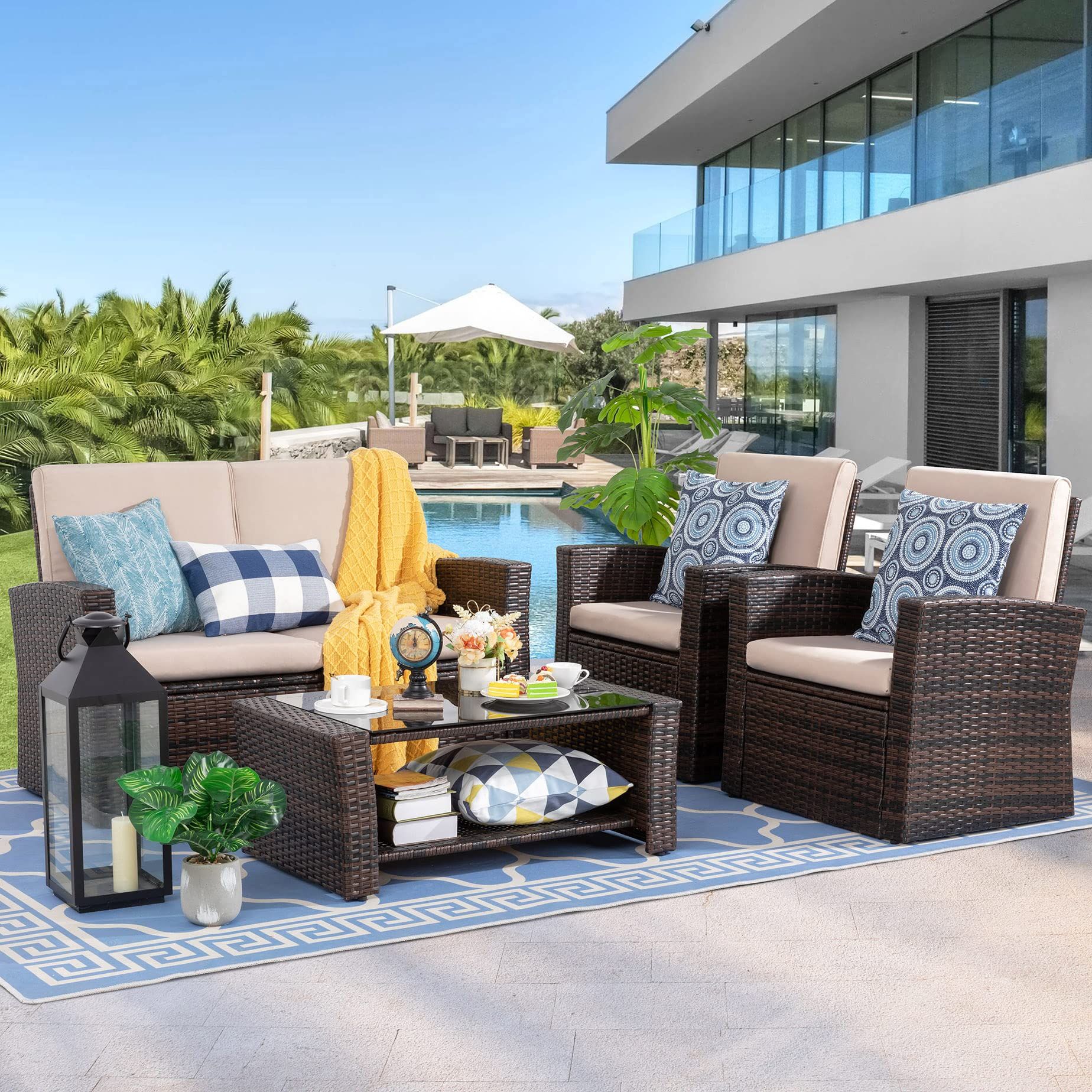 Shintenchi Outdoor Patio Furniture 4 Piece Set, Wicker Rattan Sectional ... regarding