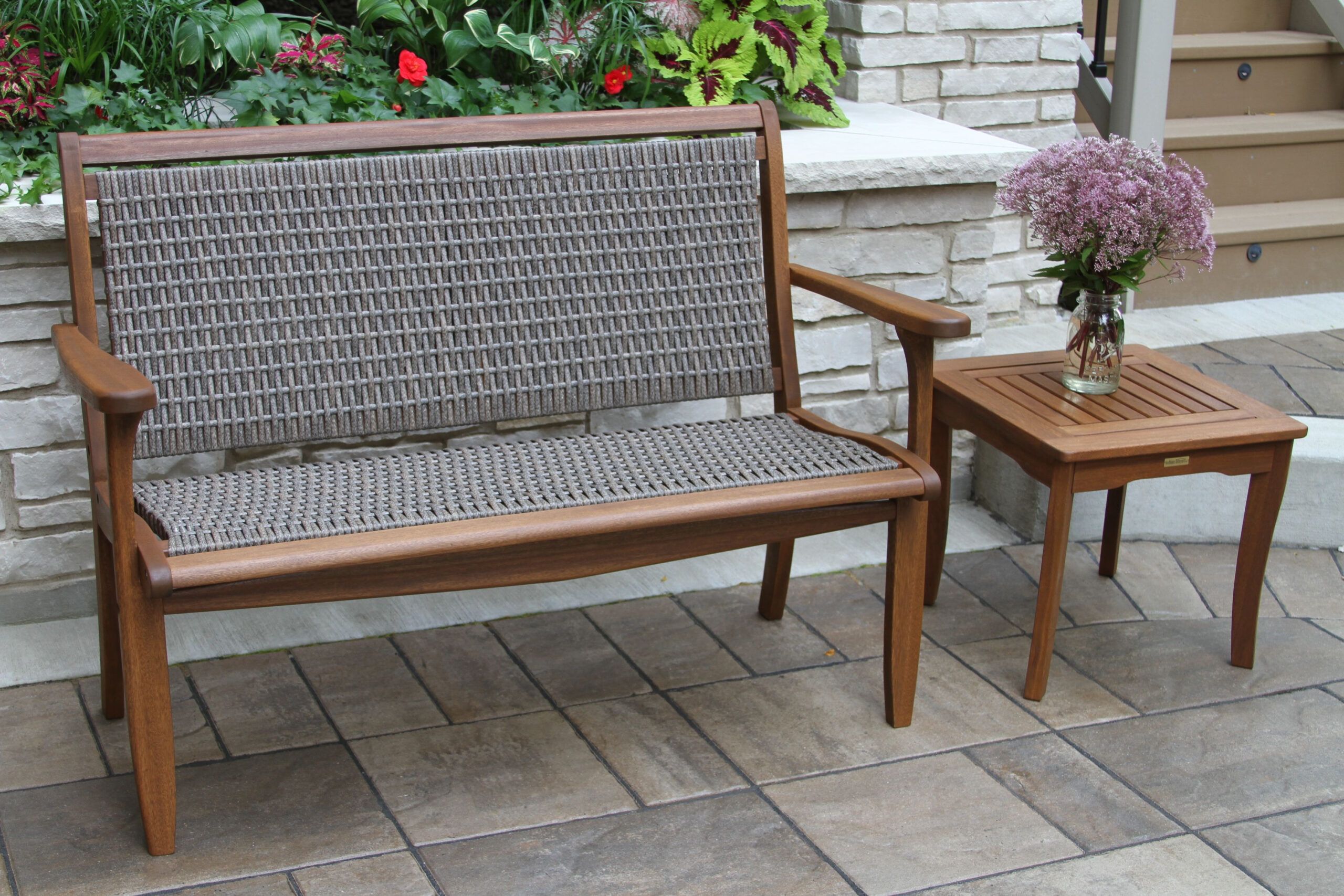 Wicker &amp;Amp; Eucalyptus Bench In Grey With End Table | Outdoor Wood ... intended for Exploring the Versatility of Gray Wash Eucalyptus End Tables