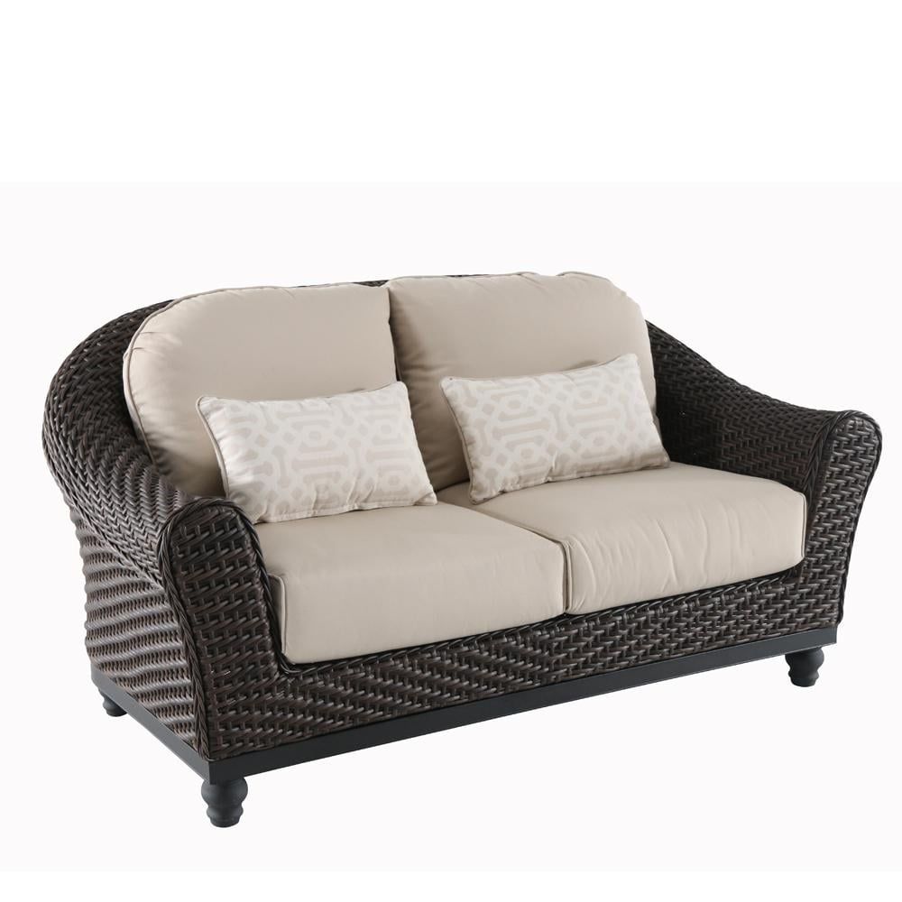 Camden Wicker Outdoor Loveseat With Sunbrella Fretwork Cushions | New ... pertaining to