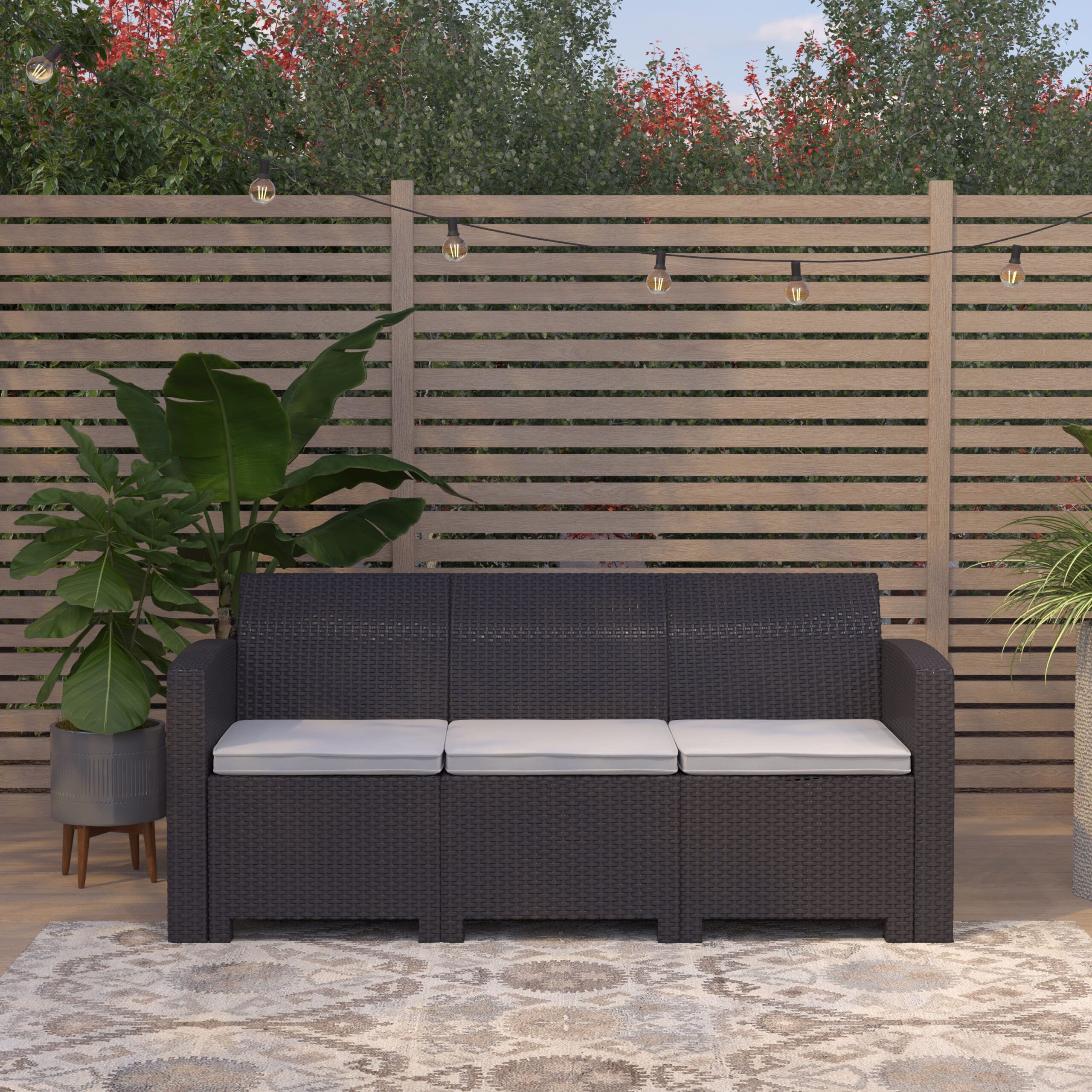Merrick Lane Indoor/Outdoor Resin Sofa, 3-Seat, Dark Gray Faux Rattan ... in