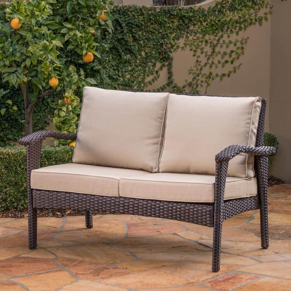 Noble House Honolulu Brown Wicker Outdoor Patio Loveseat With Tan ... inside