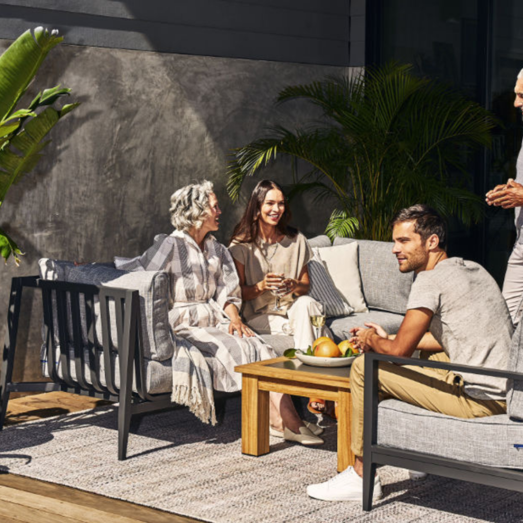 10 Best Sustainable Outdoor Furniture From Eco-Friendly Brands in Modway Harmony 6-Piece Fabric Patio Sectional Sofa Set In White/Navy