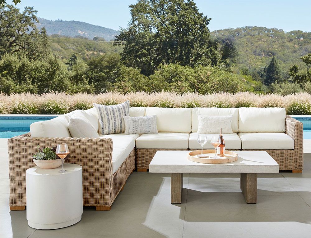 15+ Best Outdoor Sectional Sofas To Buy (For Every Budget) - Viv &amp; Tim with Modway Clearwater 5-Piece Wood Fabric Outdoor Sectional Sofa In Gray/Light Brown