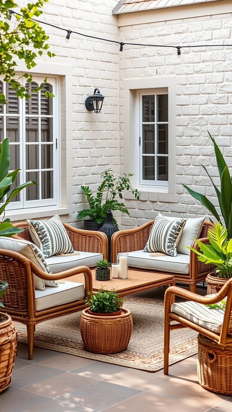 The art of mixing textures in outdoor seating arrangements with striped pillows