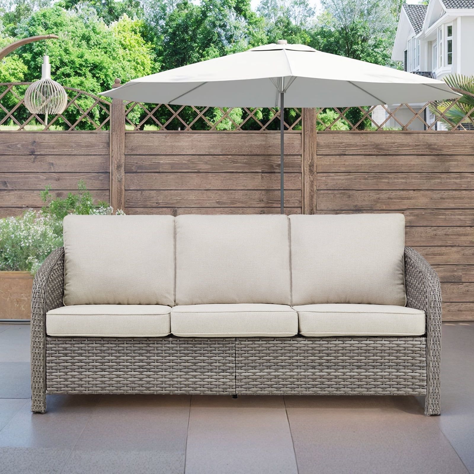 3-Seat Patio Wicker Sofa Outdoor Rattan Couch Furniture Steel Frame ... in Belle Isle Cushion 3-Seat Outdoor Sofa, Grasscloth Buff/Beachwood