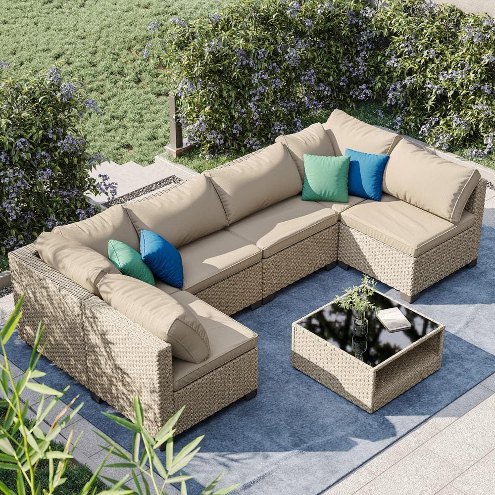 7-Piece Light Khaki Metal Patio Outdoor Sectional Sofa Set With Beige ... with regard to Modway Clearwater 5-Piece Wood Fabric Outdoor Sectional Sofa In Gray/Light Brown