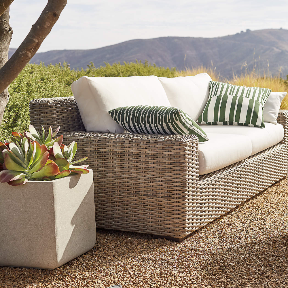 Abaco Resin Wicker Outdoor Sofa With White Sand Sunbrella ® Cushions ... intended for Manhattan Sunbrella Upholstered Outdoor Sofa