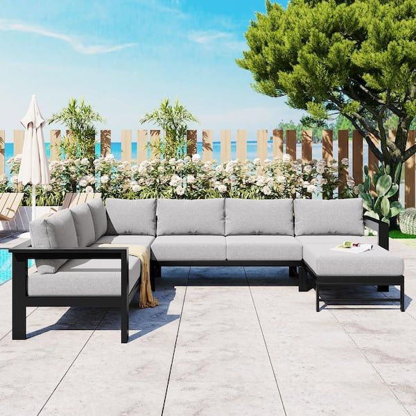 Aluminum U-Shaped Multi-Person Outdoor Sectional Set With Cushions In ... in A Closer Look at the Brentwood Aluminum Patio Sectional in Charcoal Gray