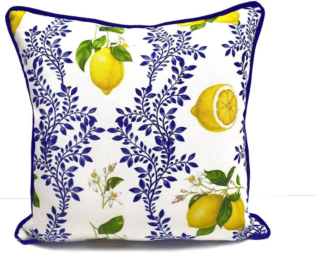Amazon.com: Sicilian Citrus Lemon Throw Pillow - Italian Majolica Blue ... intended for Poly-Filled Lemons Design Outdoor Throw Pillow