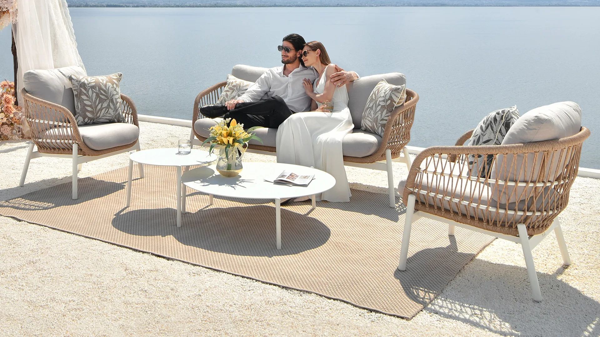 Artie Luxury Patio Set Outdoor Rattan Furniture Garden Sofa Aluminum ... pertaining to Grey Polyester Upholstered Walnut Brown Finished 4-Piece Woven Rattan Patio Set