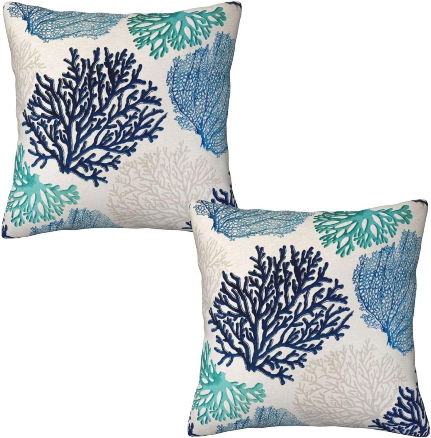 Beach Coastal Coral Branch Ocean Themed Throw Pillow Covers 18 X 18 ... in Frontporch Coral Square Pillow, 18", Aqua, 18"X18"