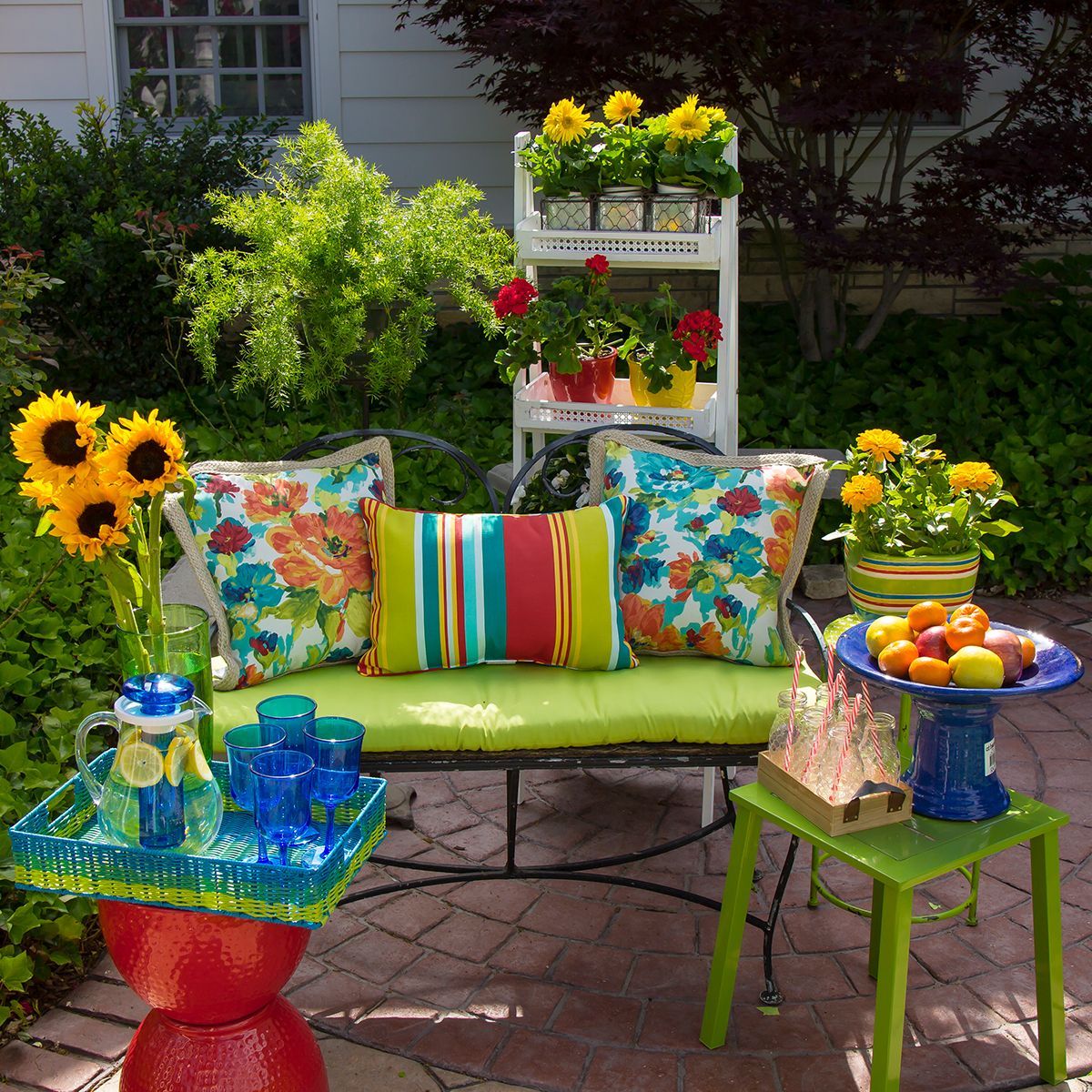 Bright-Colored Lime Green Patio Cushions And Stools Are Lively ... pertaining to Lee Outdoor Water Resistant Fabric Loveseat Cushions, Cream
