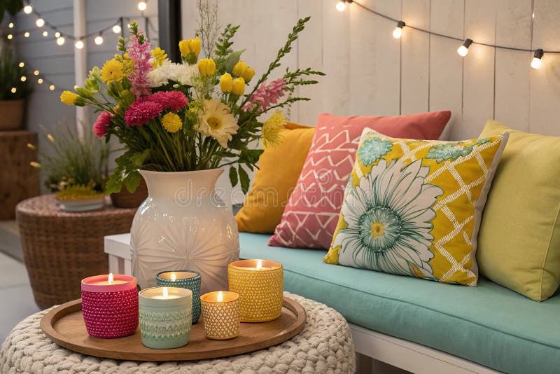 Cozy Seating Area With A Mix Of Colorful Cushions And Decorative ... within The art of mixing textures in outdoor seating arrangements with striped pillows
