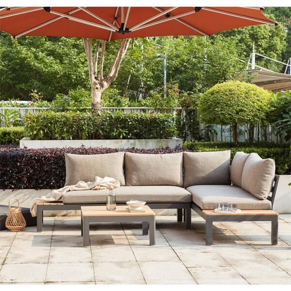 Deswan Charcoal 3-Piece Aluminum Outdoor Sectional With Gray Cushions ... in A Closer Look at the Brentwood Aluminum Patio Sectional in Charcoal Gray