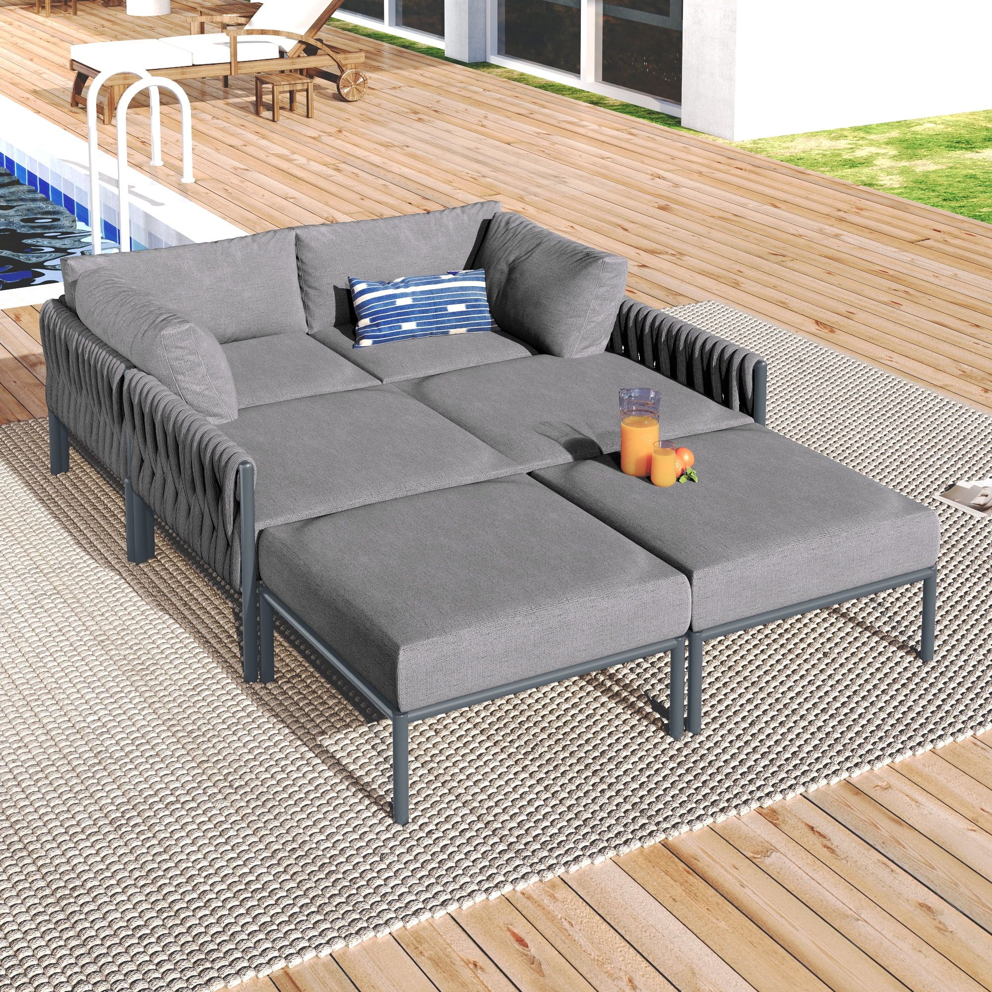 Euroco 6-Pieces Modern Aluminum Patio Sectional Sofa Set, Metal Outdoor ... inside Brentwood Outdoor Patio Aluminum 3-Piece Left-Facing Chaise Sectional, Charcoal Gray