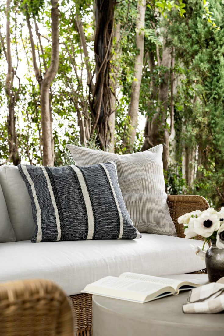 Four Outdoor Tablescape Looks - Studio Mcgee | Outdoor Pillows, Indoor ... with Vibe By Jaipur Living Papyrus Striped Indoor/Outdoor Lumbar Pillow, Blue/Ivory