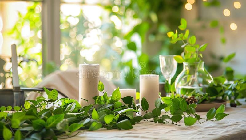 Fresh Green Leaves Decorate The Table, Bringing Nature Indoors Stock ... inside Blue And Green Leaves Pattern 16"X16" Outdoor Throw Pillow