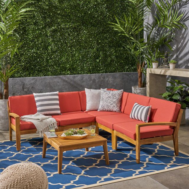 Gdf Studio 5-Piece Roy Outdoor Wood Sofa Set With Coffee Table And ... for How the GDF Studio Soleil cushion transforms outdoor living spaces
