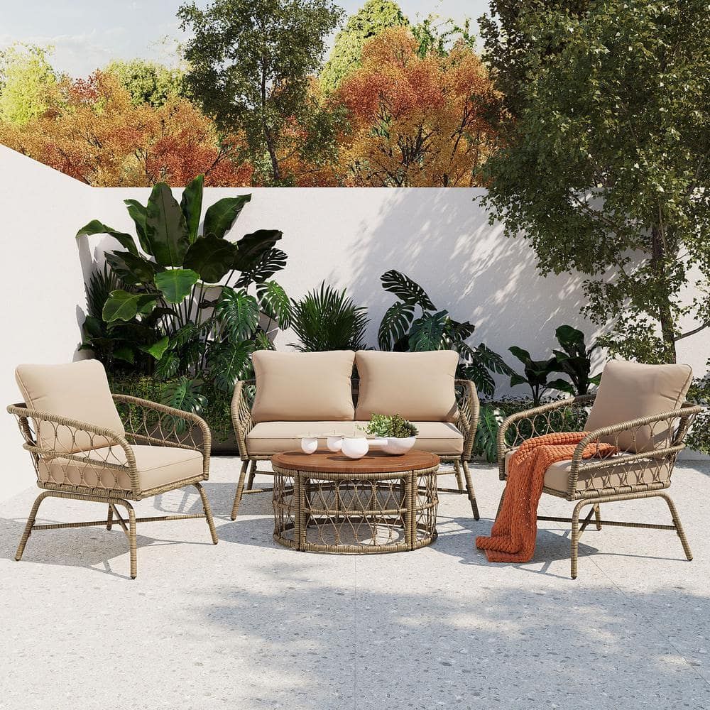 Go Bohemian 4-Person Wicker Outdoor Patio Deck Conversation Set With ... with regard to Living Source International Wicker / Rattan 4-Person Seating Group In Gray
