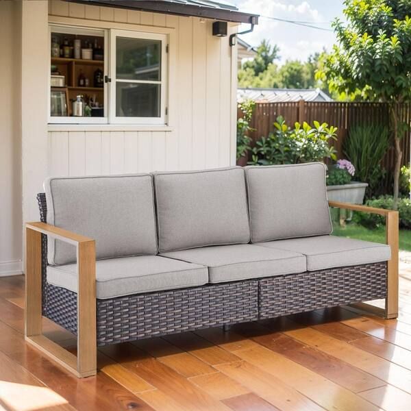 Gymojoy Brown Wicker Outdoor Patio 3-Seat Sofa Couch With Gray Cushions ... within Designing outdoor living spaces with the Belle Isle Cushion 3-Seat Sofa