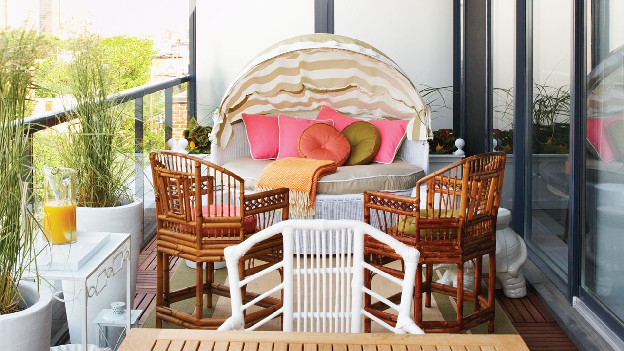 House &amp; Home - 25+ Small-Space Balconies &amp; Patios To Covet for Modern Contemporary Urban Design Outdoor Patio Balcony Sofa, Navy Blue, Rattan