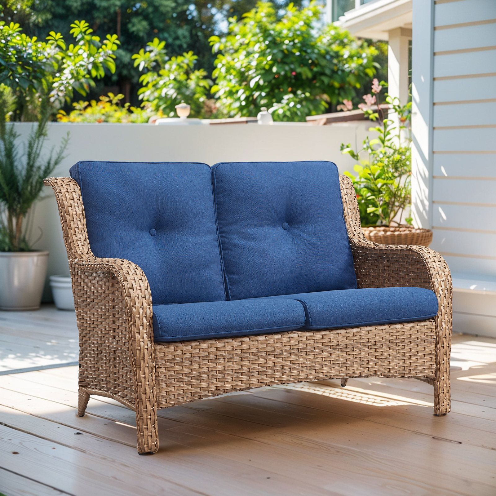 Lark Manor™ Ambarvale 53'' Wide Outdoor Wicker Reversible Loveseat With ... in Finding Your Perfect Outdoor Hue Exploring the Appeal of Red Loveseat Cushions