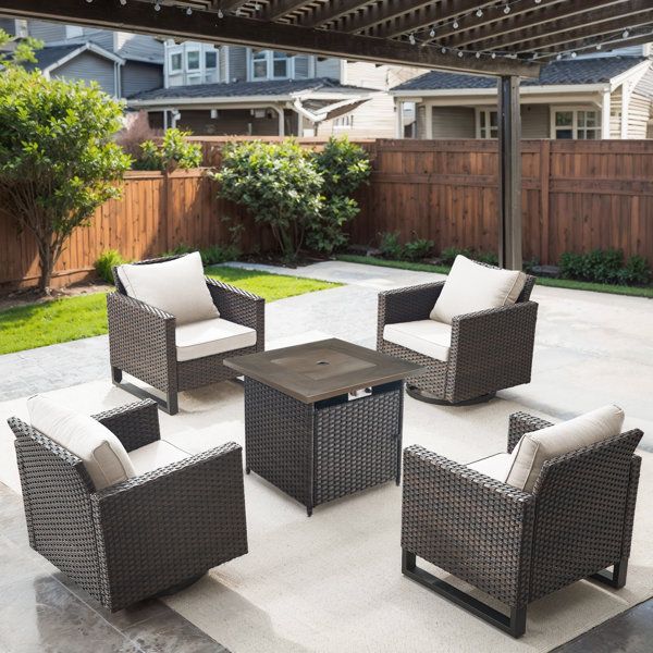 Latitude Run® 4- Person Wicker Outdoor Seating Group With Fire Pit And ... in Living Source International Wicker / Rattan 4-Person Seating Group In Gray