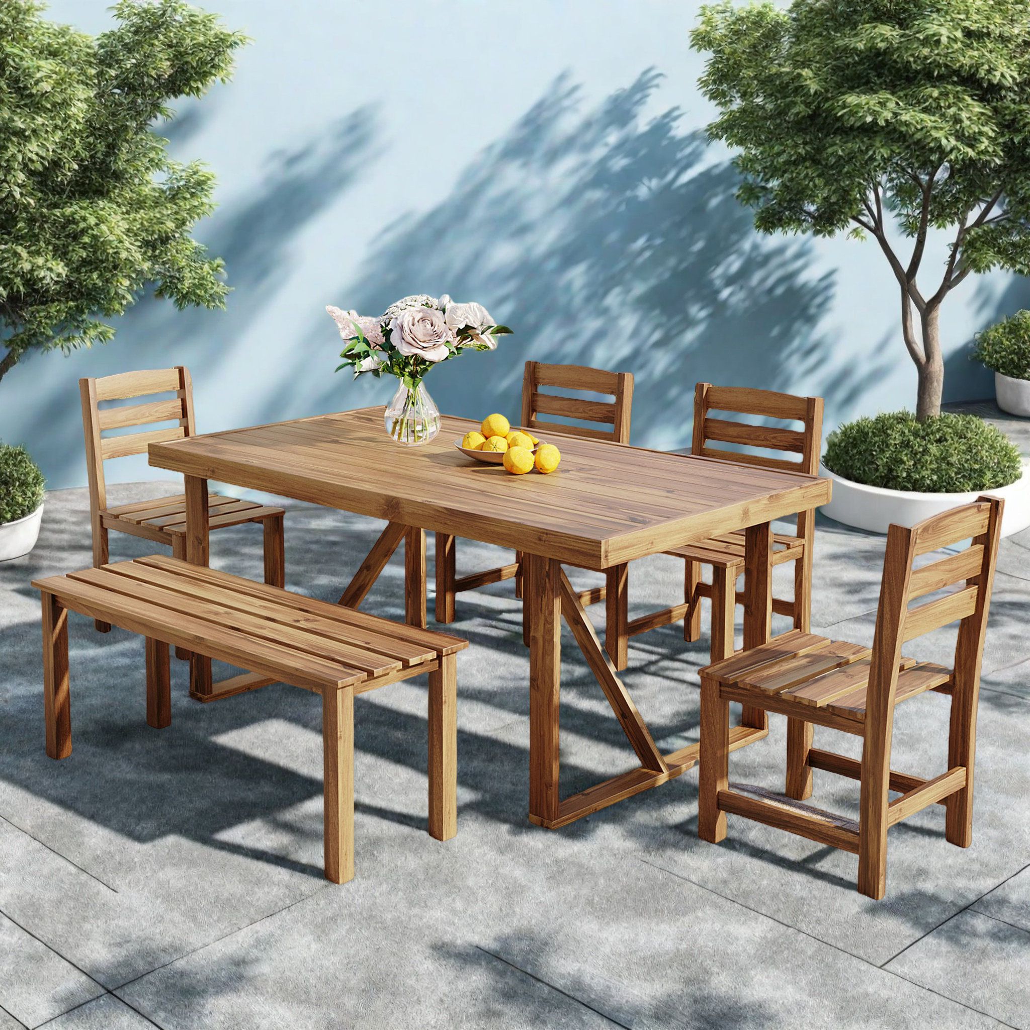 Loon Peak® 6-Piece Acacia Wood Outdoor Dining Set, Weather-Resistant ... inside Design considerations for weather-resistant outdoor seating accessories