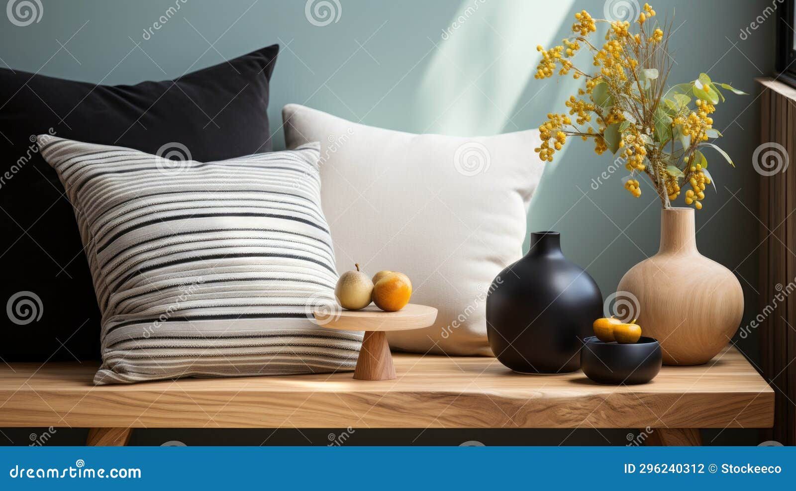 Minimalist Decorative Pillows Scene With Striped Arrangements Stock ... for Pillow Decor - Sunbrella Brannon Whisper Stripes 20 X 20 Outdoor Pillow