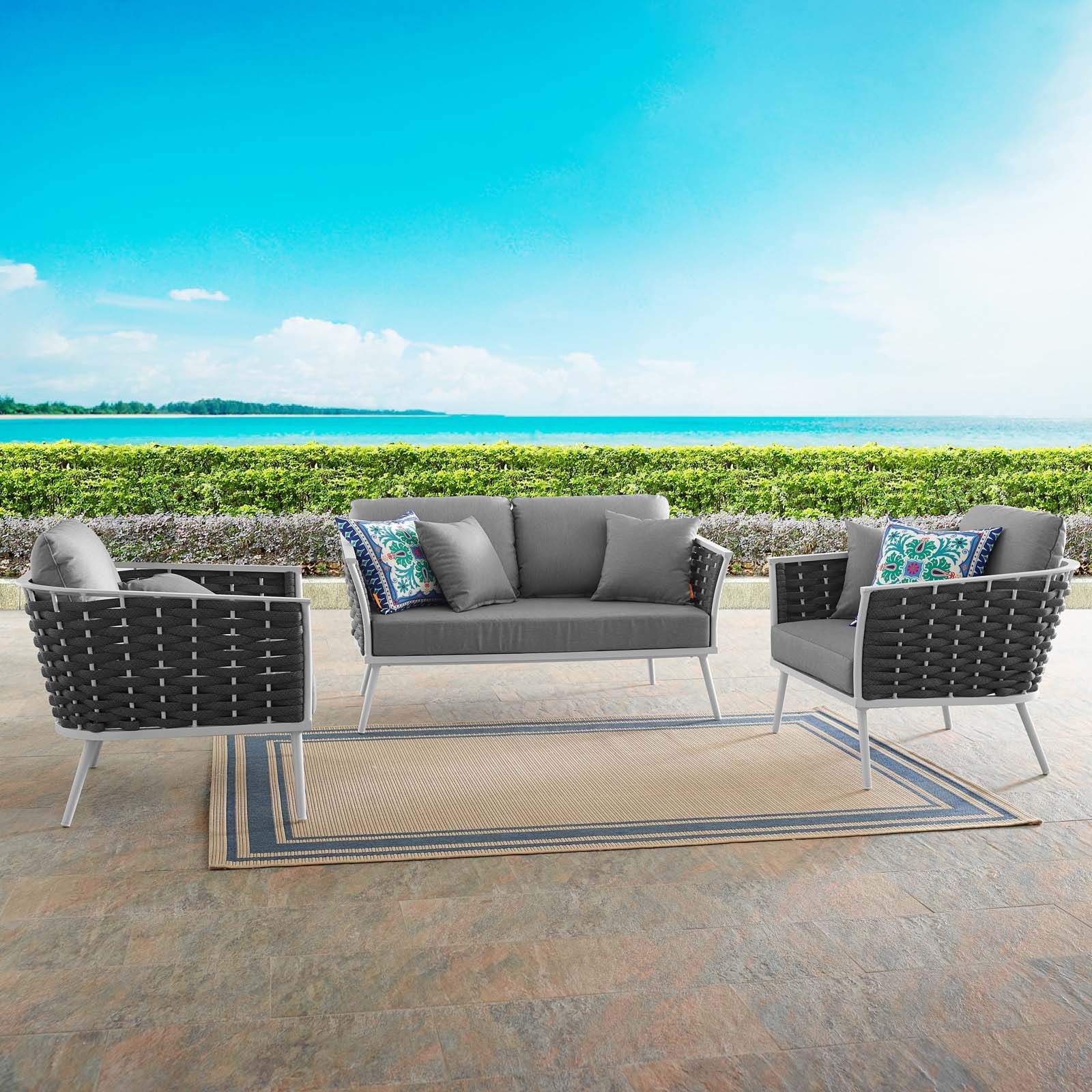 Modway Stance 3-Piece Aluminum &amp; Fabric Patio Sofa Set In Gray And ... throughout Maximizing Your Patio Living with a Stance 3-Piece Aluminum Sofa