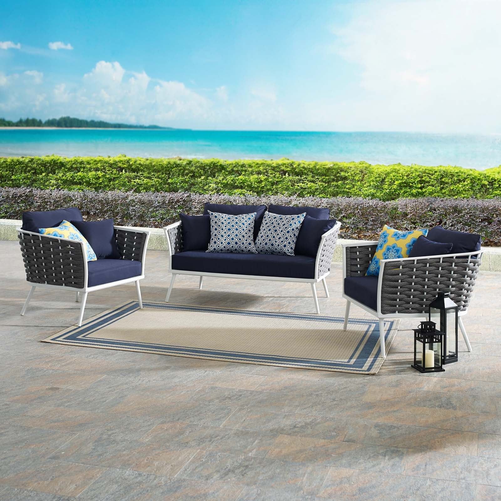 Modway Stance 3-Piece Aluminum &amp; Fabric Patio Sofa Set In Navy And ... in Maximizing Your Patio Living with a Stance 3-Piece Aluminum Sofa