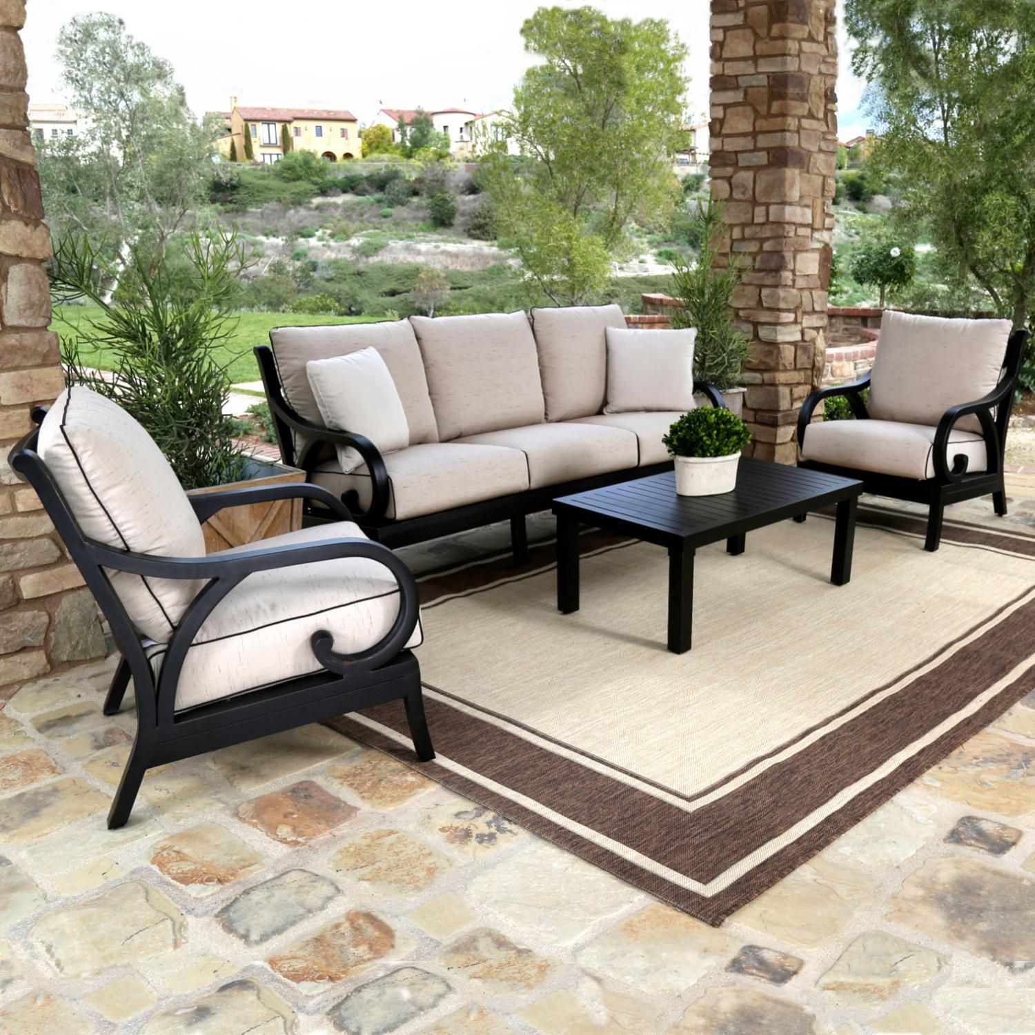 Monterey 4 Piece Aluminum Patio Conversation Set W/ Sunbrella Frequency ... intended for Lounge Sofa, Sunbrella, Aluminum, Metal, Blue Navy, Modern, Outdoor Patio Cafe