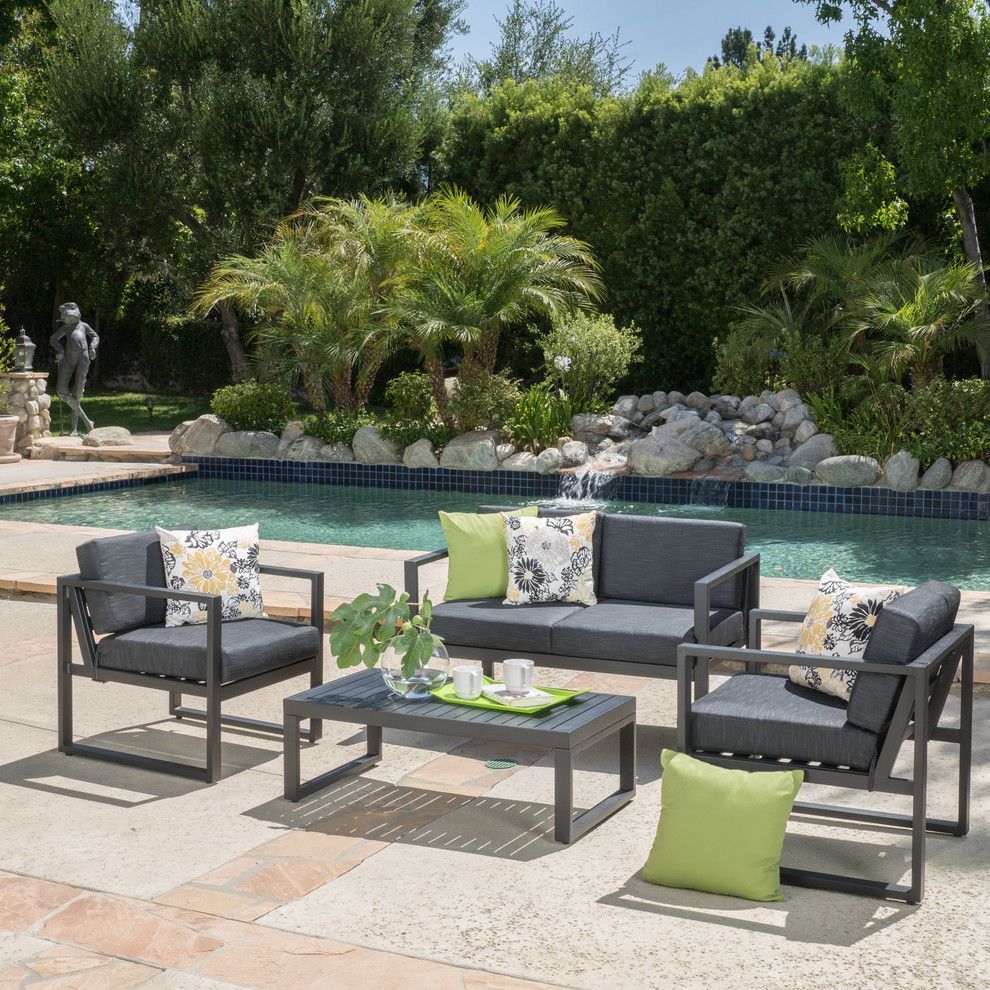 Nealie Dark Gray Chat 4-Piece Set | Patio, Aluminum Patio, Outdoor ... for Choosing the right weathered grey patio seating for your outdoor space