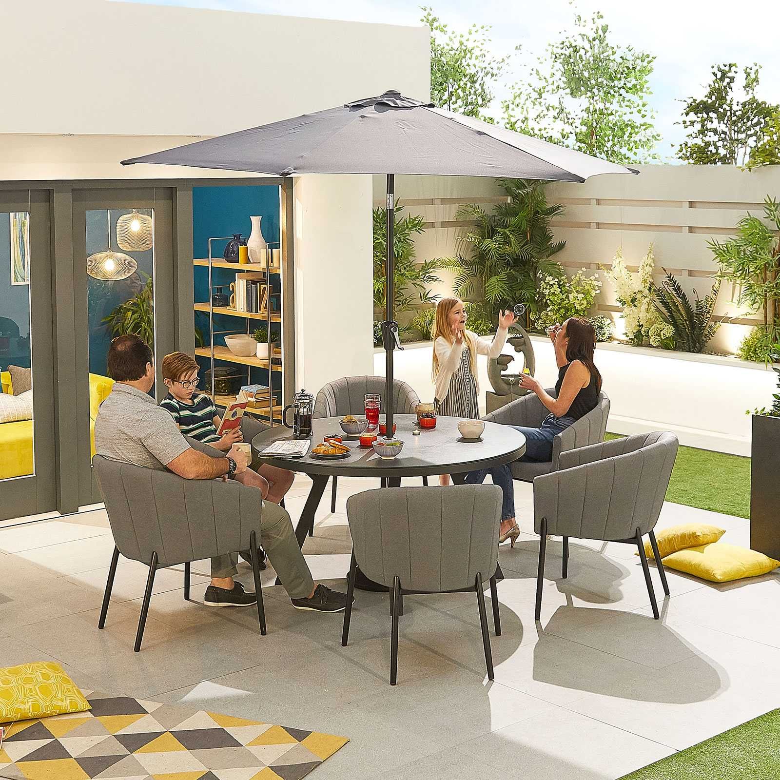 Nova – Edge Sunbrella Outdoor Fabric 6 Seat Round Patio Set – Light ... with Sunbrella Canvas Forest Green Outdoor Corded Cushion Set, 22"X22"