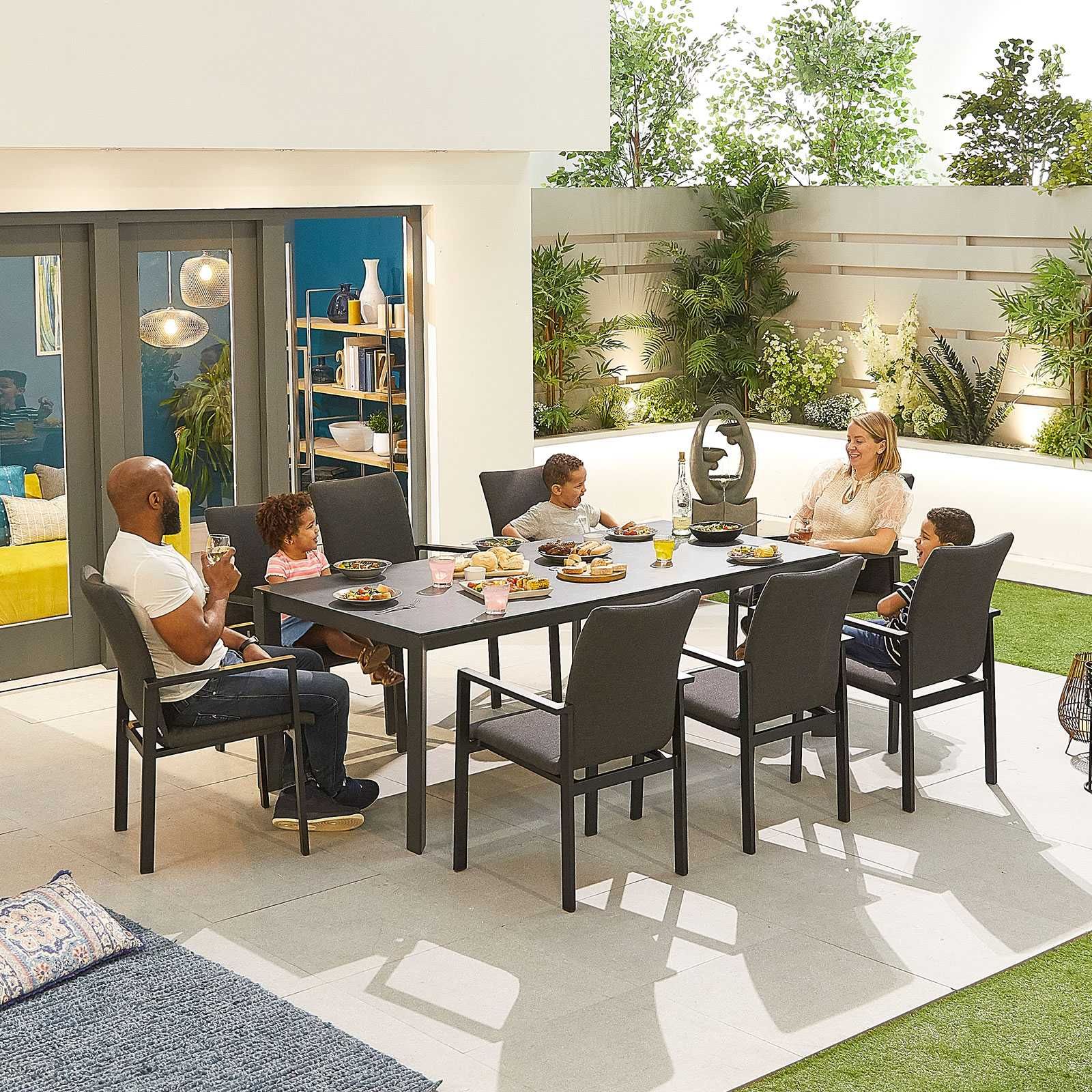 Nova – Hugo Sunbrella Outdoor Fabric 8 Seat Rectangular Patio Set ... inside Sunbrella Canvas Forest Green Outdoor Corded Cushion Set, 22"X22"