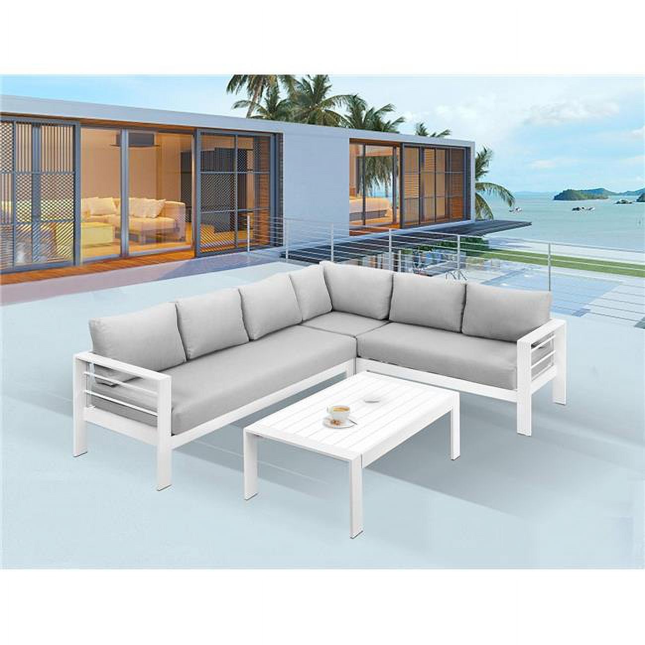 Ouootto Outdoor All-Weather White Aluminum Sectional Sofa Set, Metal ... in Lounge Sofa, White, Aluminum, Modern, Outdoor Patio Bistro Garden Hospitality