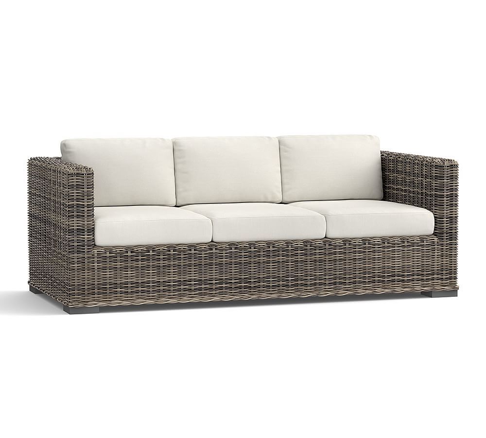 Outdoor Wicker Sofa | Cabinets Matttroy for Palm Harbor Outdoor Wicker Sofa, Brown With Gray Cushions
